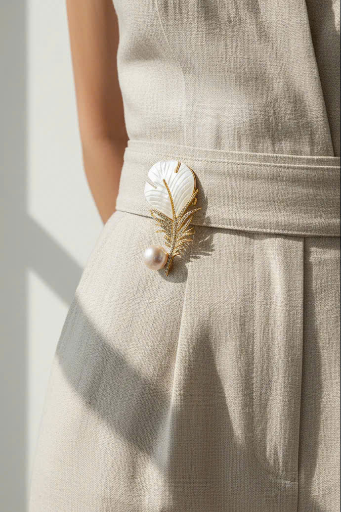 Trâm Cài Áo Vest, Áo Dài Xà Cừ Đính Ngọc Trai Baroque Hình Lông Vũ thời trang thiết kế Hity ACC402