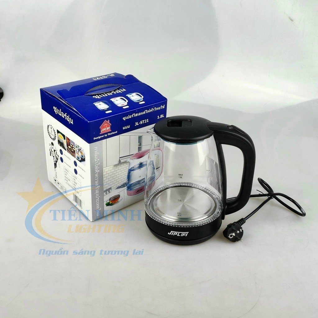 Ấm đun siêu tốc thủy tinh Jiplai 1.8L- 1500W, thủy tinh chịu nhiệt, tự ngắt khi nước sôi và cạn nước, tích hợp Đèn LED khi nấu
