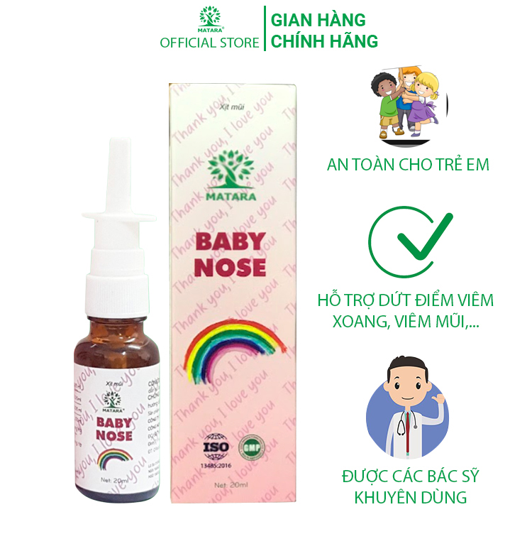 Xịt mũi trẻ em MATARA BABY NOSE 20ml - Hỗ trợ các vấn đề về viêm xoang, viêm mũi dị ứng, các triệu trứng liên quan đến đường hô hấp. Nguồn gốc thảo dược tự nhiên an toàn cho trẻ em, không gây buốt, xót cho người sử dụng