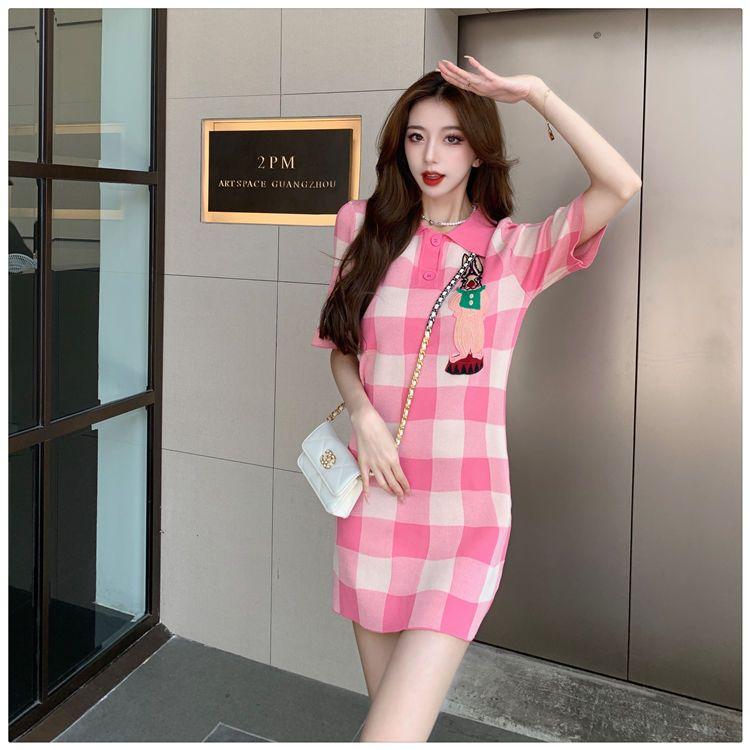 SHUANGYAN polo cổ màu hồng kẻ sọc dệt kim đầm mùa hè 2023 nhỏ lỏng lẻo thời trang ngọt ngào giảm tuổi váy