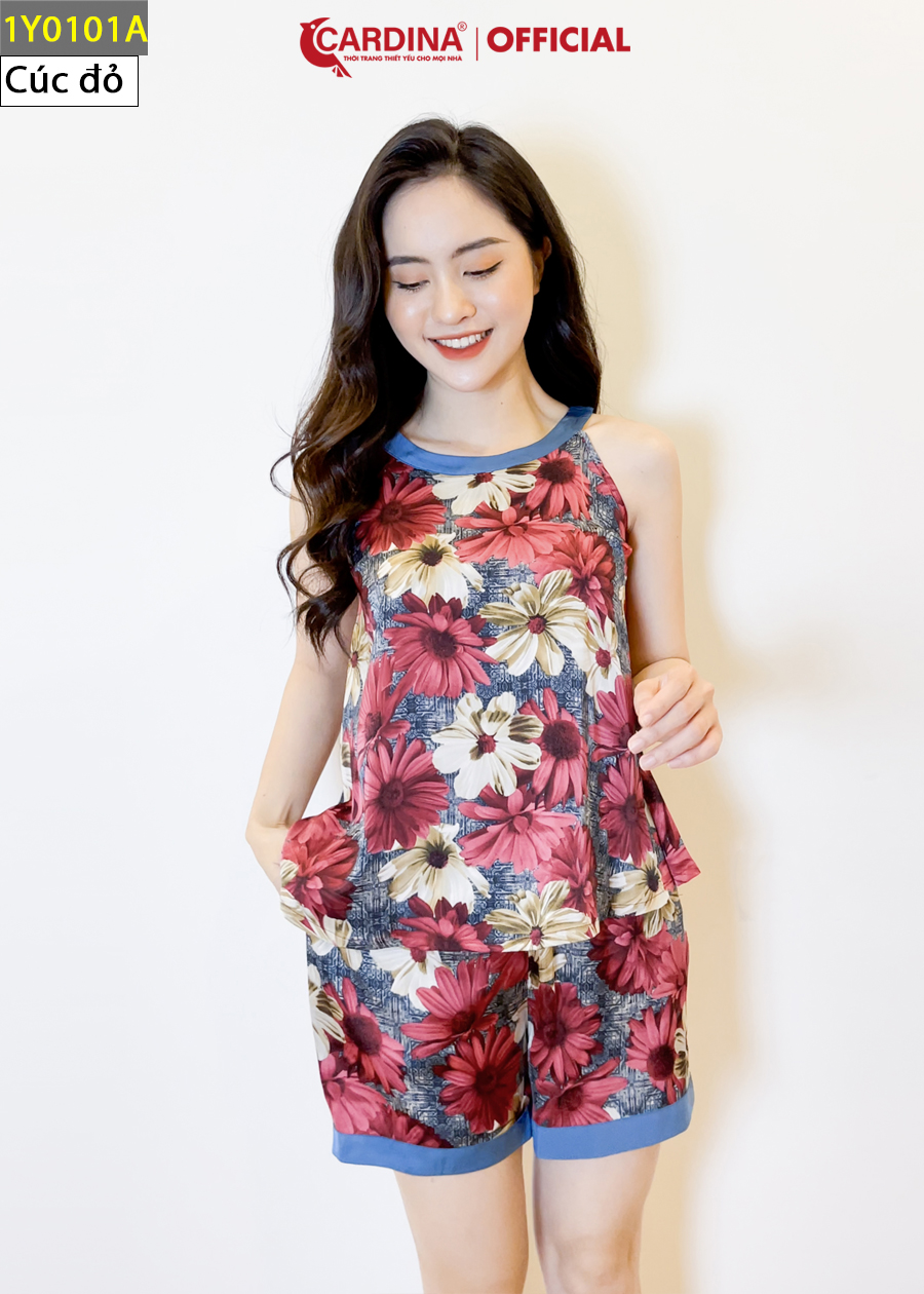 Đồ Bộ Nữ CARDINA Chất Lụa Satin Nhật Cao Cấp Quần Đùi Áo Cổ Yếm 1Y01