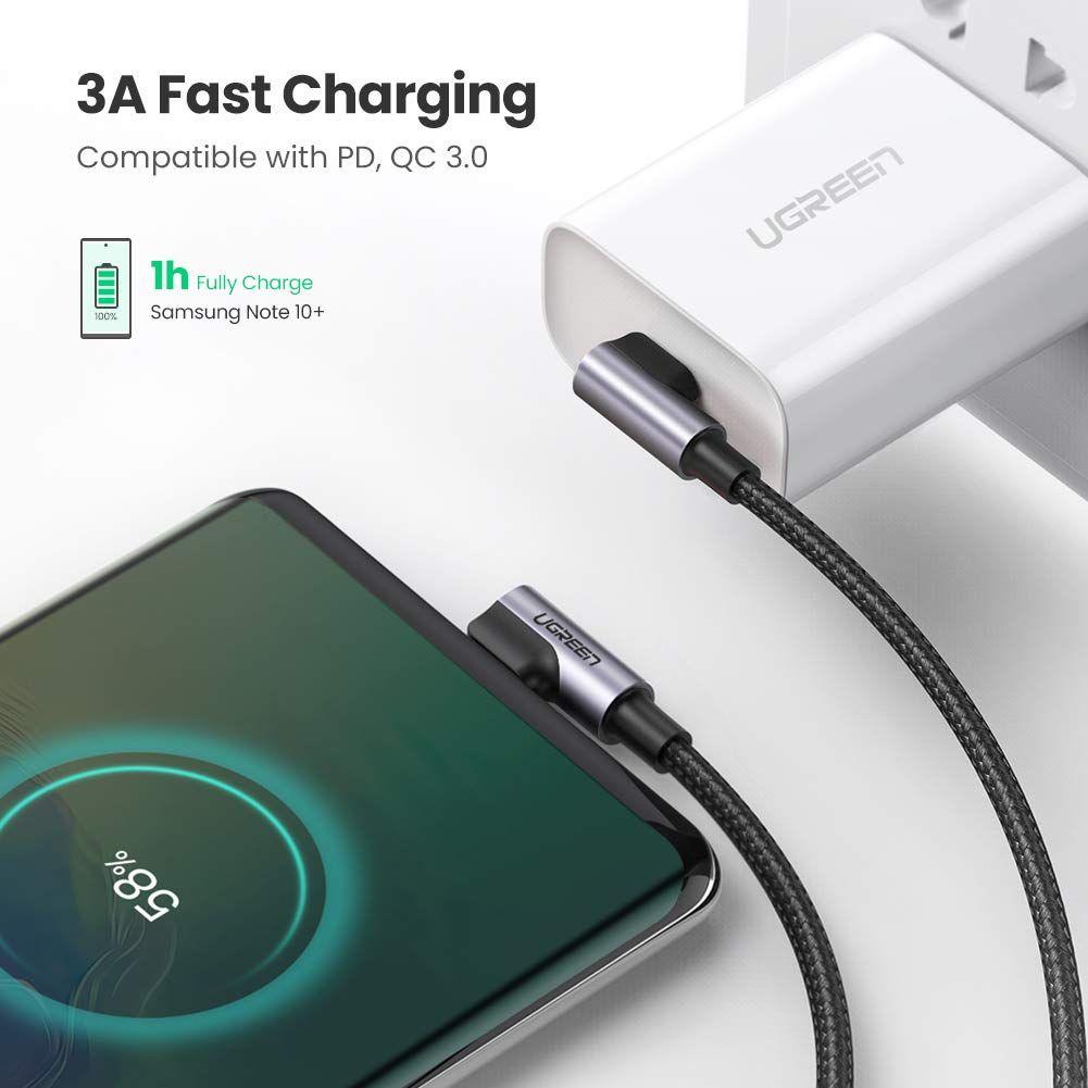 Ugreen UG70529US323TK 1M 3A 60W 2 đầu bẻ góc phải 90 độ cáp USB type C ra C đầu nhôm mạ nickel chống nhiễu - HÀNG CHÍNH HÃNG