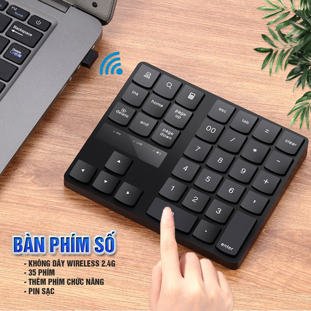 Bàn phím số không dây Wireless 2.4G, cho Laptop, thiết bị di động, 35 phím, thêm các phím chức năng, Pin sạc, phím êm Minh House