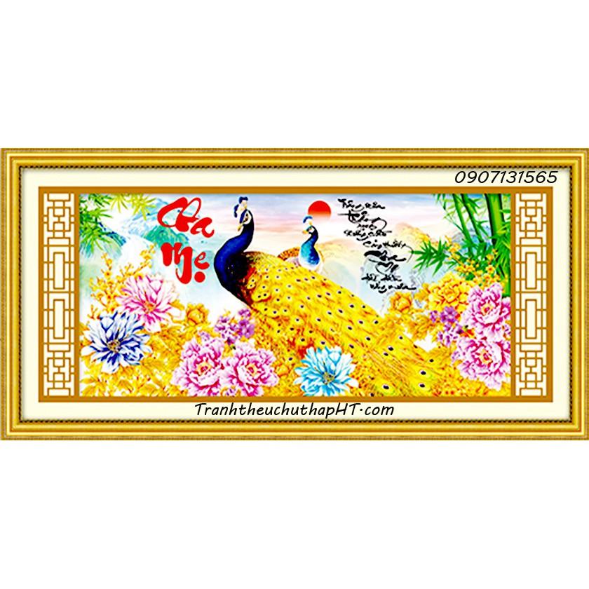 Tranh đá cha mẹ 2 con công vàng hoa mẫu đơn