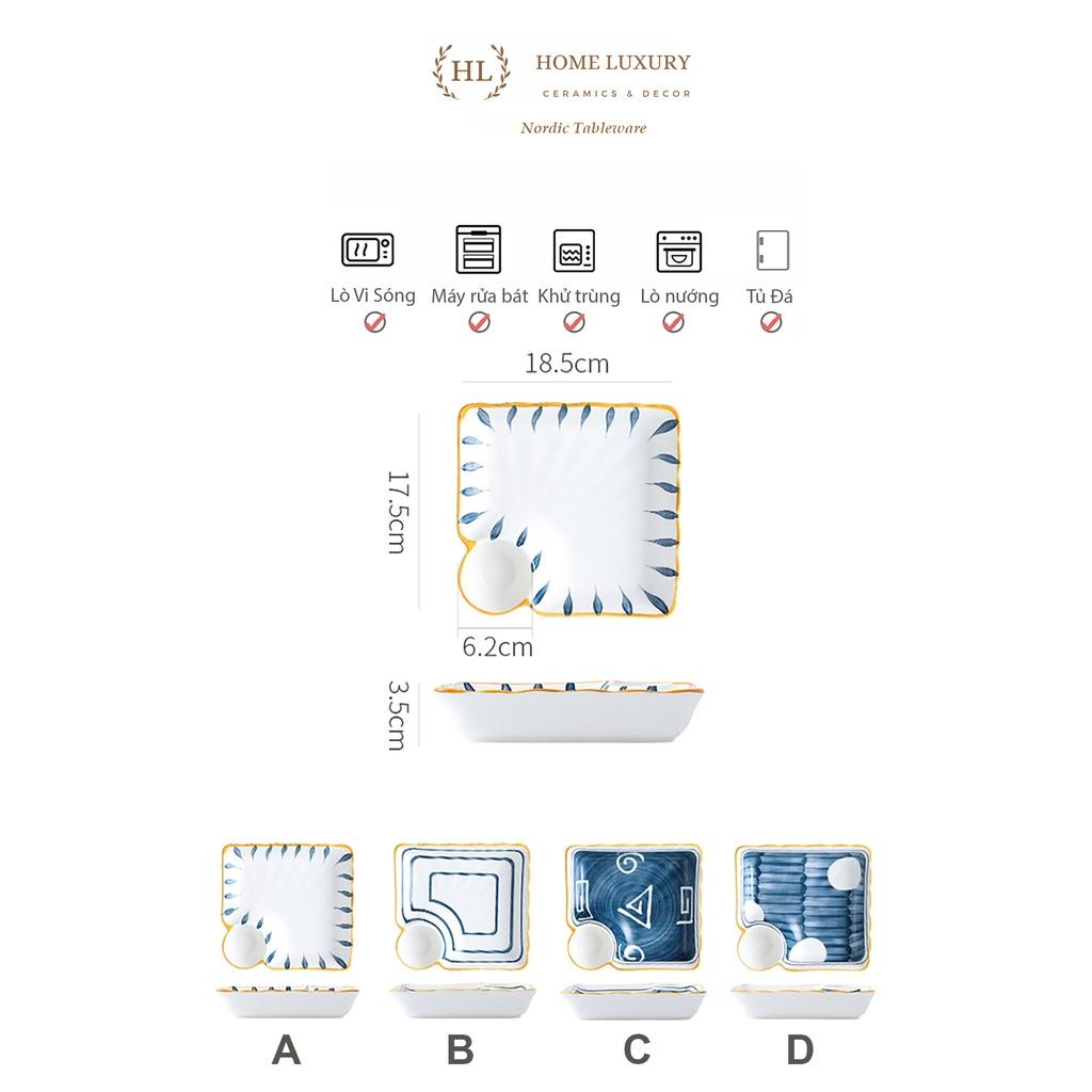 Đĩa Vuông Có Ngăn Chấm Nhật Bản | Đĩa sứ vuông cao cấp 2022 có chia ngăn đựng gia vị Phong Cách Decor Retro