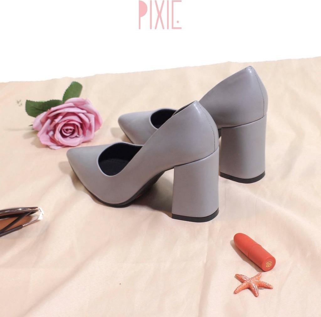 Giày Cao Gót 8cm Đế Vuông Mũi Nhọn Basic Màu Kem Pixie P159