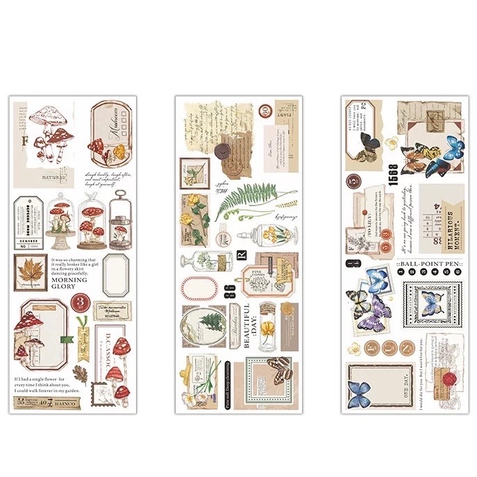 Set 3 tờ stickers nhựa PET PVC chủ đề cổ điển vintage trang trí junkjournal