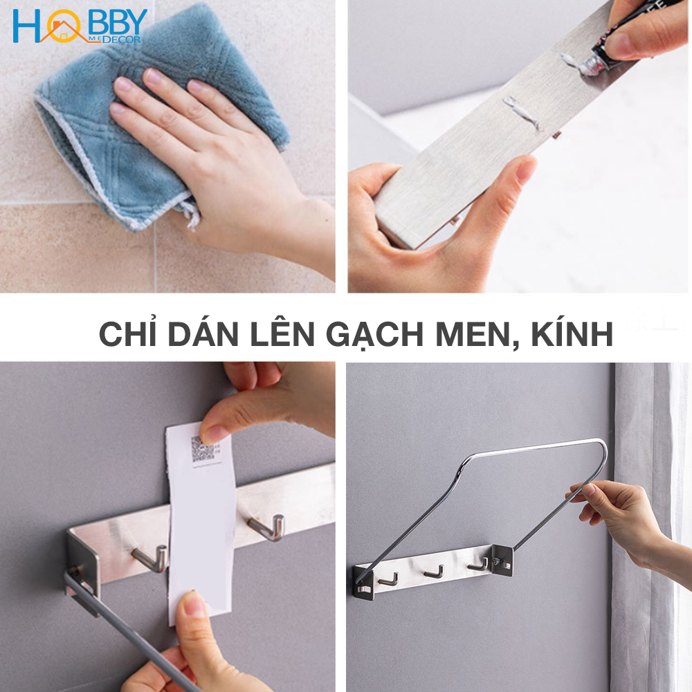 Kệ để thau chậu, treo khăn bếp HOBBY GTT Inox 304 dán tường gạch men - có keo dán sealant fix - có 3 móc treo