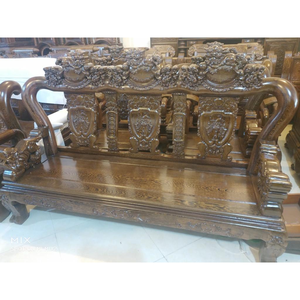 Bộ Bàn Ghế Tam Sư Nghê Ba Đầu Gỗ Mun Đuôi Công