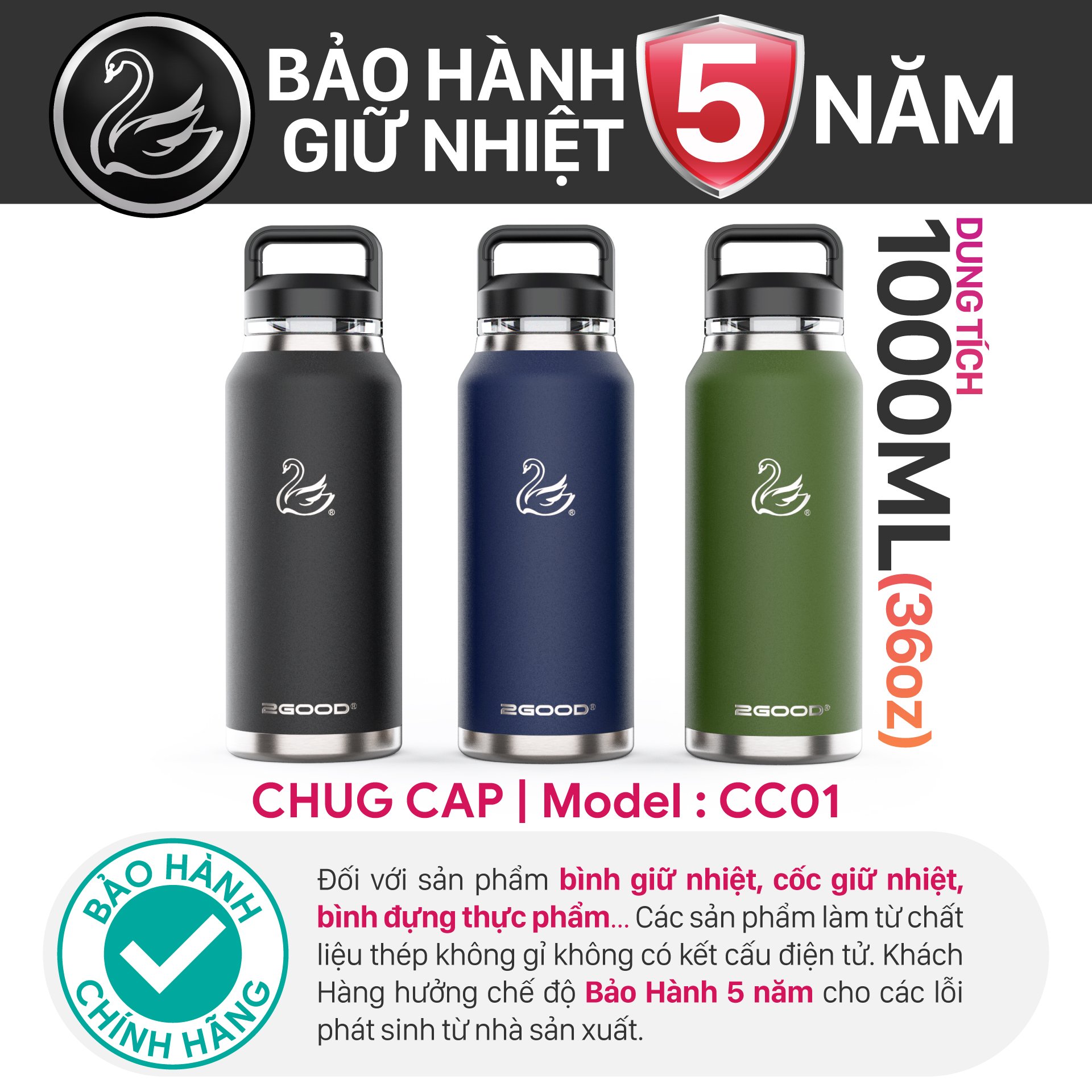 Bình giữ nhiệt 2GOOD Chug Cap CC-01 (1000ml) - Hàng Chính Hãng