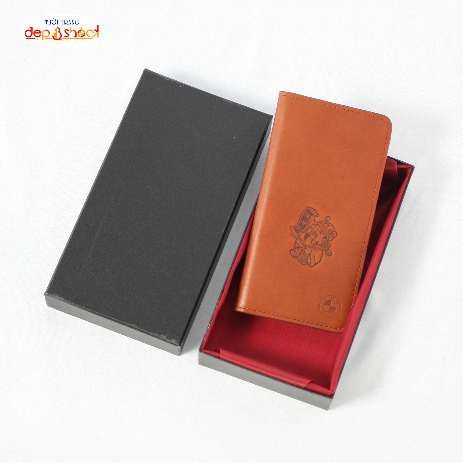 Ví dài cầm tay da bò thật in hình Thần Tài bỏ vừa điện thoại