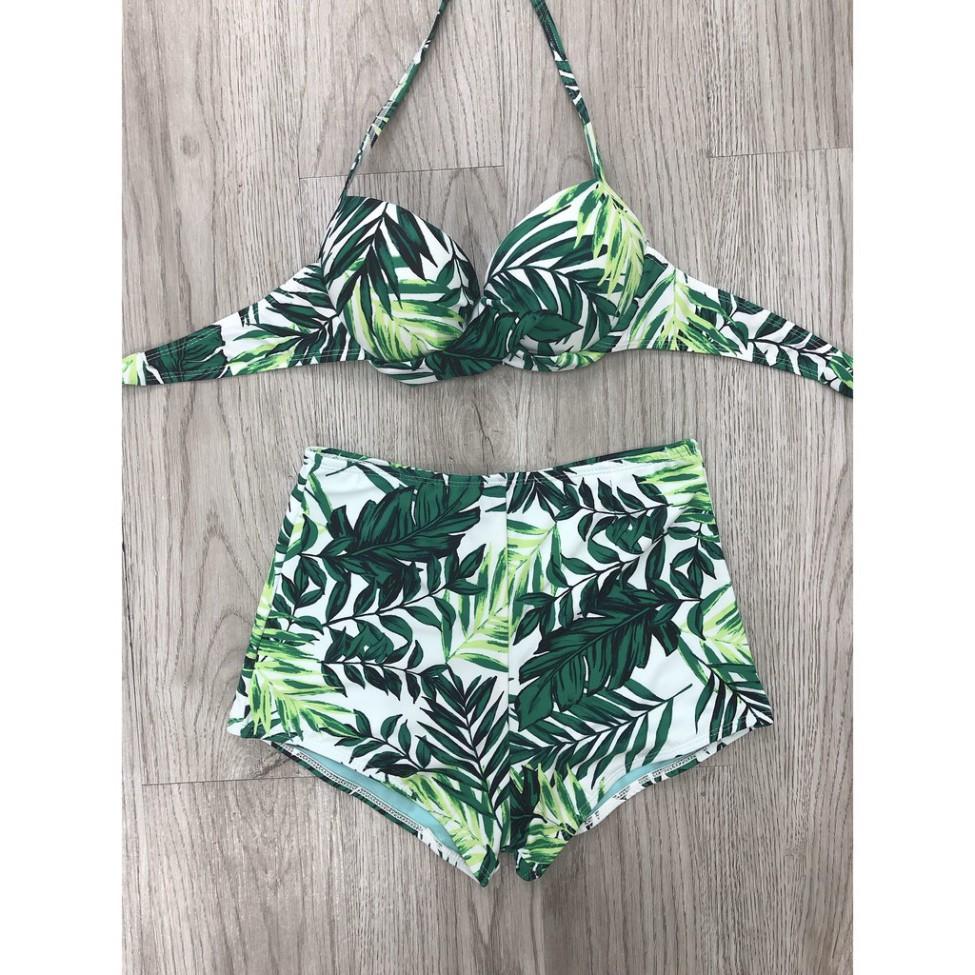 Bikini hai mảnh bộ bơi quần đùi họa tiết lá xanh có gọng chất thun lạnh mặc đi biển đi bơi