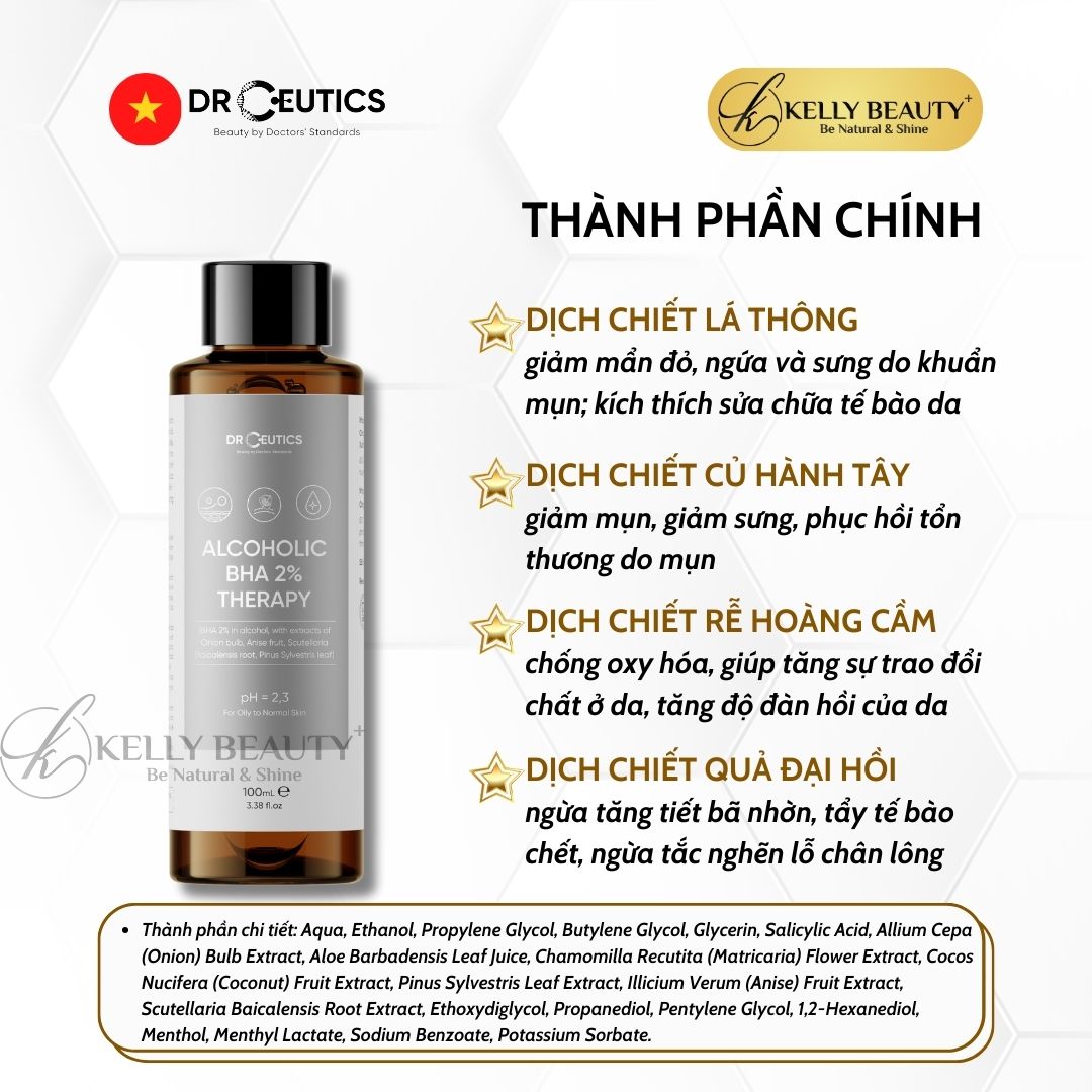 DrCeutics ALCOHOLIC BHA 2% Therapy NỀN CỒN- Giảm Mụn, Loại Bỏ Da Chết, Dầu Thừa; Se Lỗ Chân Lông | Kelly Beauty