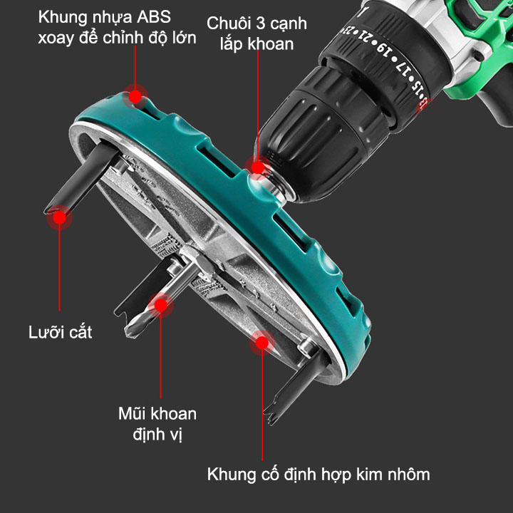 Mũi khoan khoét lỗ trần thạch cao, gỗ, nhựa đa năng kích thước điều chỉnh từ 45-130mm