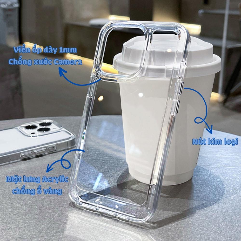 Ốp điện thoại dành cho iPhone trong suốt mặt lưng chống ố vàng, nút kim loại dễ bấm, Silicon dày dặn chống sốc không che camera