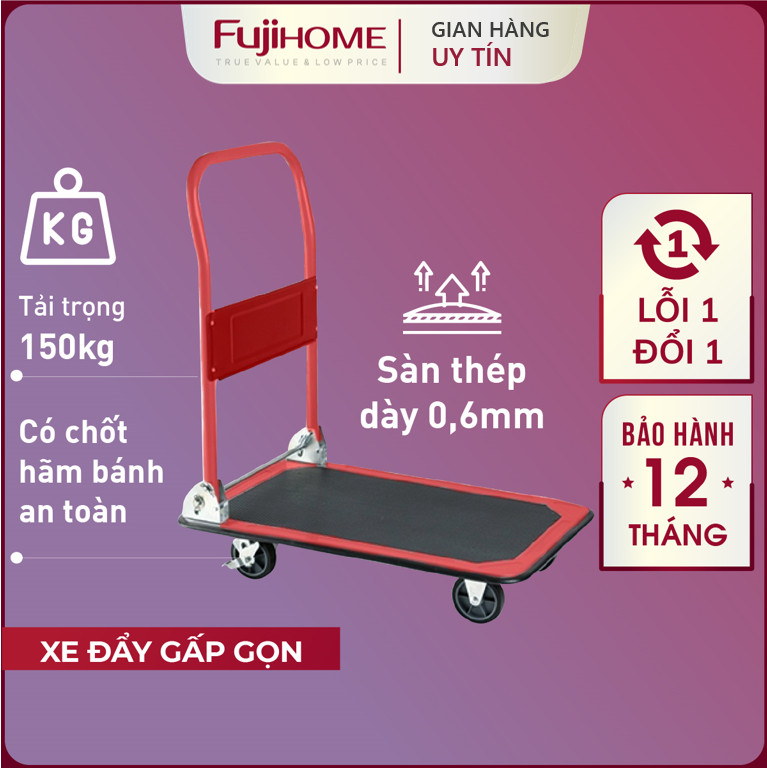 Xe kéo hàng 4 bánh gấp gọn 150kg Nhật Bản Fujihome sàn thép, bánh cao su cao cấp siêu bền không ồn, xe chở đồ đẩy hàng gấp gọn đa năng platform hand truck