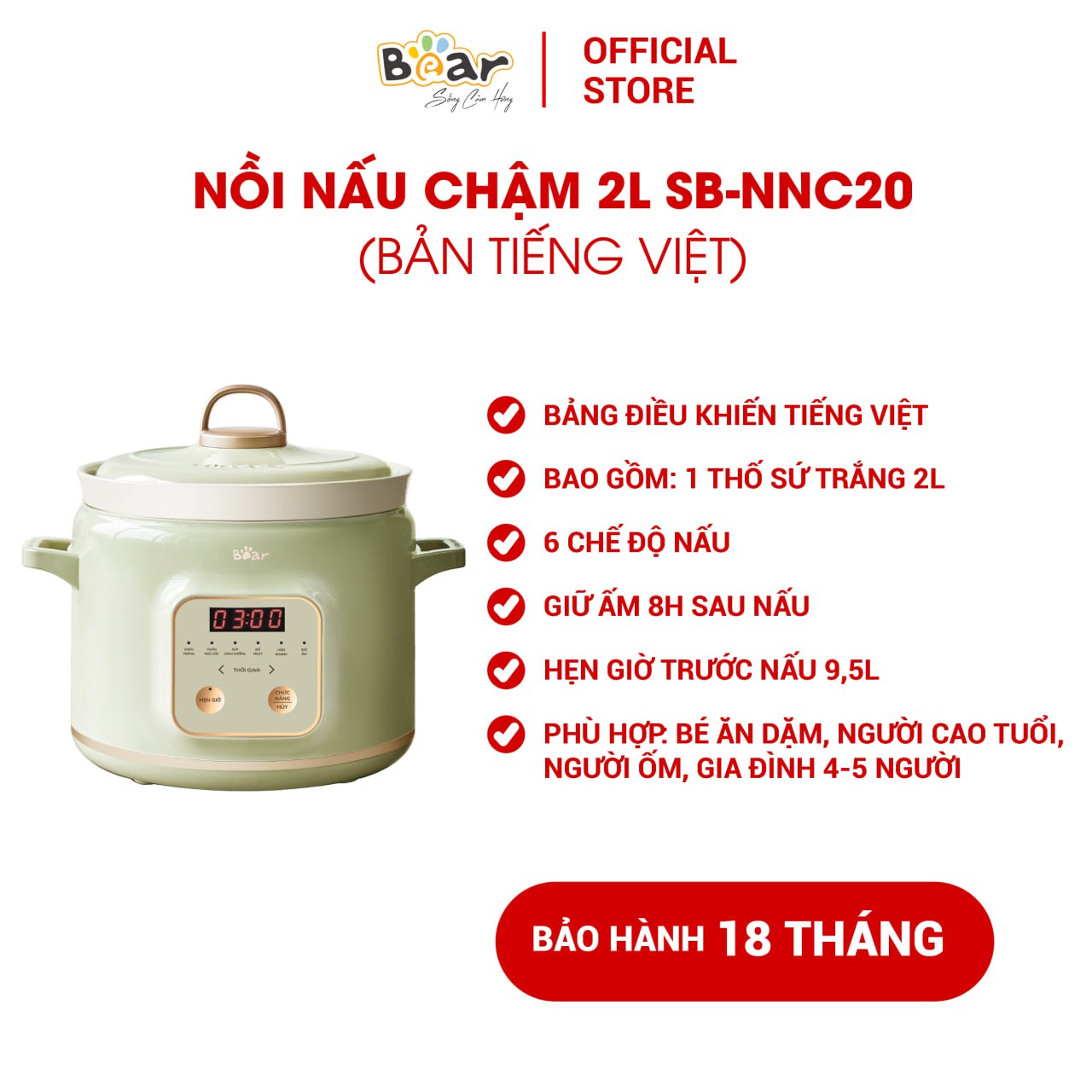 Nồi nấu chậm BEAR 2L Đa Năng Nấu Cháo Hầm Giữ Ấm Giữ Trọn Chất Dinh Dưỡng Bản Tiếng Việt SB-NNC20 - HÀNG CHÍNH HÃNG
