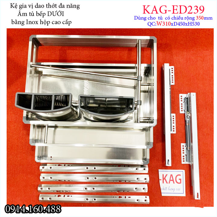 Kệ Gia vị 3 tầng KAG-ED239 rộng 31cm, kệ đựng gia vị có ray kéo, kệ để gia vị ray giảm chấn âm tủ bếp 35cm