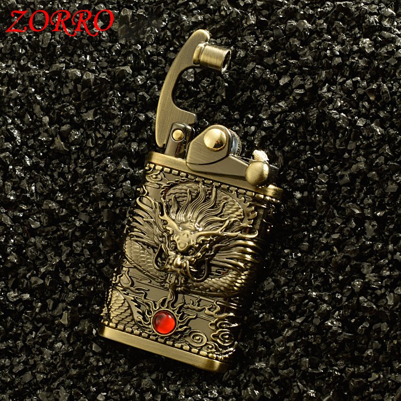 Vỏ Hột Quẹt Bật Lửa Xăng Đá Cối Xoay Zorro Z592-608 Đánh Lửa Tự Động Hình Rồng Cuộn Nhả Ngọc May Mắn