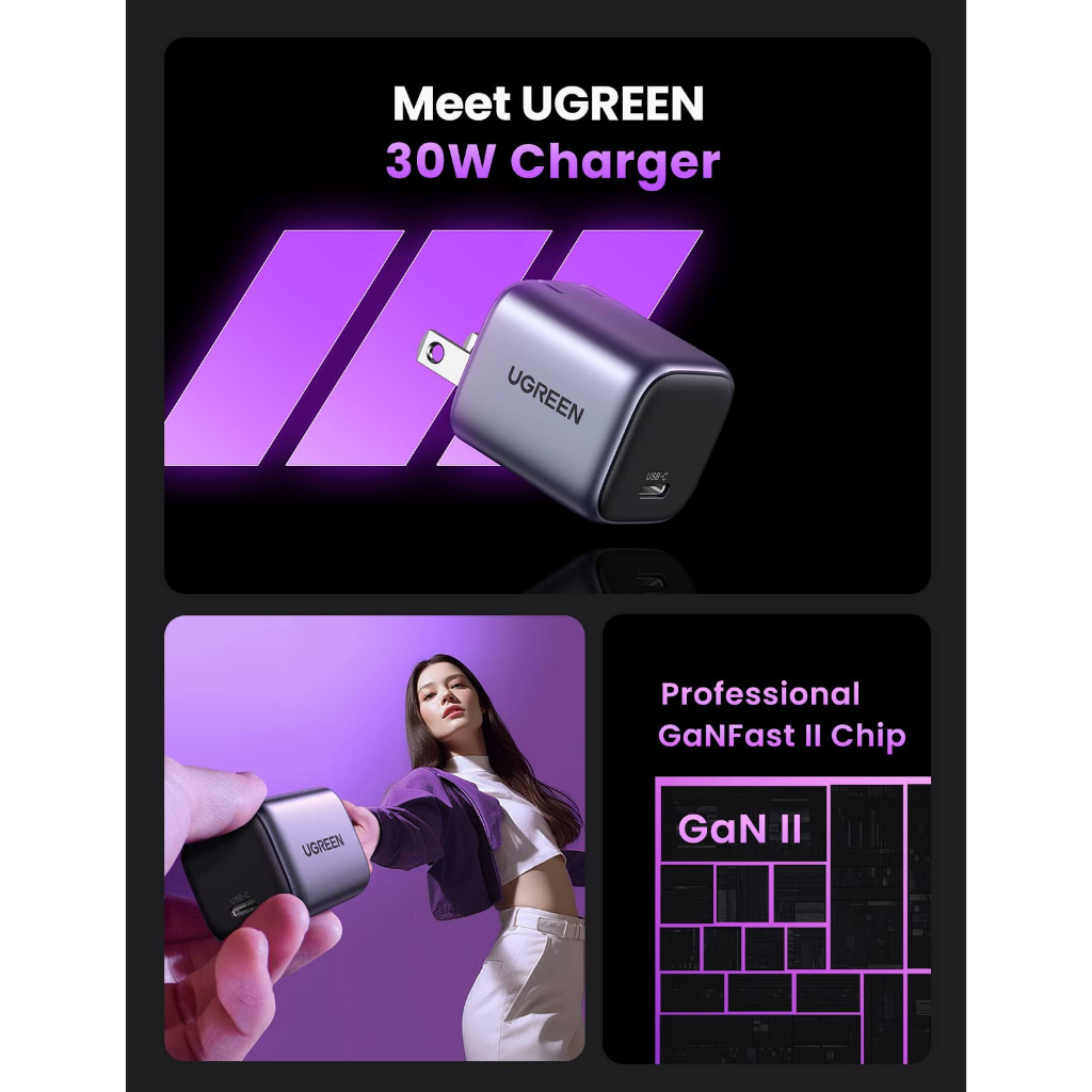 Ugreen 90901 30W chuẩn cắm US Màu Xám Củ sạc nhanh GAN cổng USB-C CD319 Hàng chính hãng