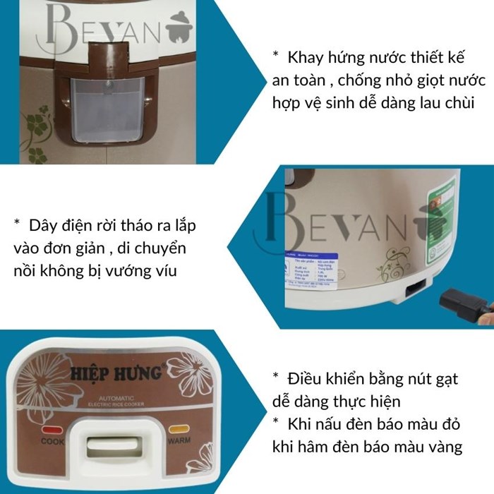 Nồi cơm điện cơ hàng chính hãng Hiệp Hưng Cao Cấp HHCC-01 Bevano, giữ ấm 12 giờ, nồi cơm 1.8L lòng nồi cơm niêu không dính đa năng, tiết kiệm điện năng