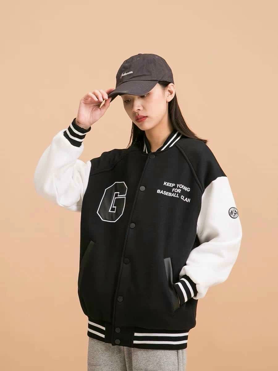 Áo Khoác Hoodie Bóng Chày Nút Bấm 2 Màu Trắng- Đen, ÁO KHOÁC BOMBER BÓNG CHÀY FORM RỘNG CHO GIỚI TRẺ CỰC CHẤT, Áo Khoác Bomber Jacket Nam Nữ Unisex Varsity Cardigan Họa Tiết Chữ G, áo cadigan chữ G