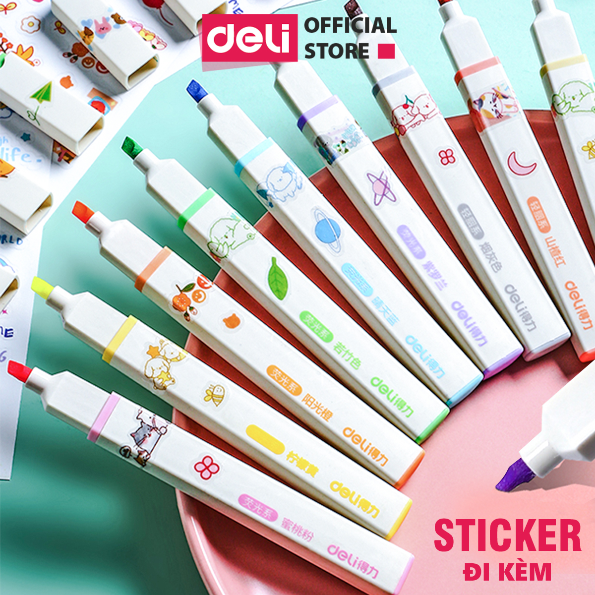 Bút highlight dạ quang nhấn dòng kèm sticker Deli - Hộp 6 chiếc - S743