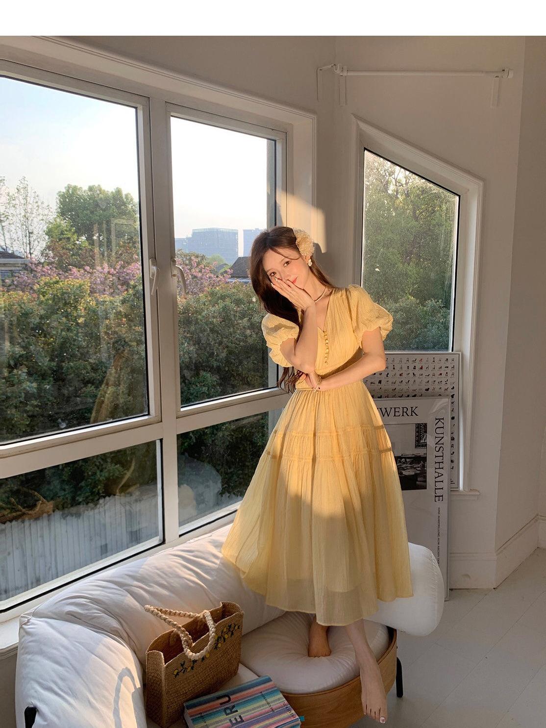 SHUANGYAN DbyDoi Pháp Vintage dịu dàng gió hiển thị gầy v-cổ tiên nghỉ mát gió váy đầm đầm dài cho trẻ em mùa hè