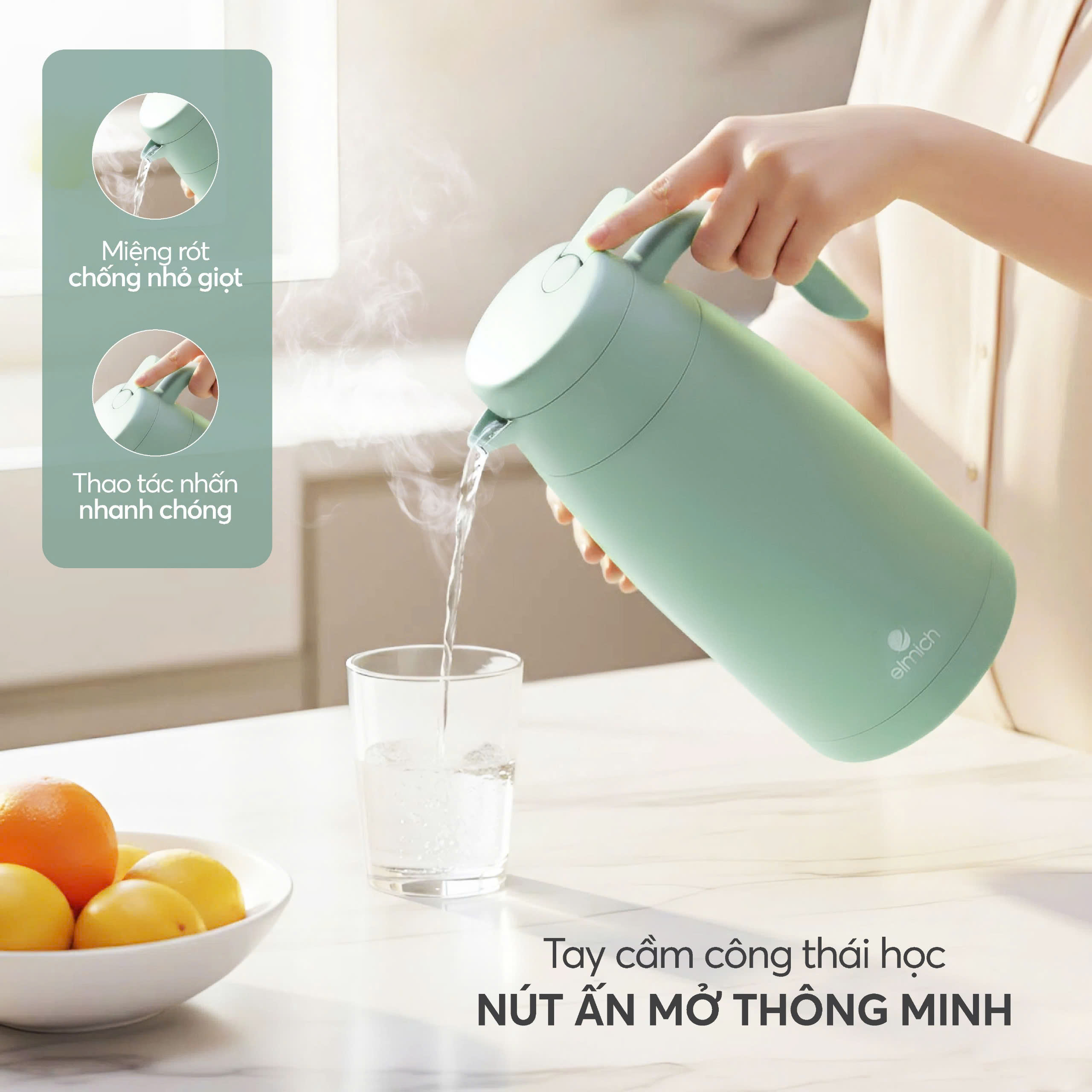 Bình Giữ Nhiệt Gia Đình Elmich EL1292 2L EL1291 1.6L, Hàng Chính Hãng, Inox 304 - JoyMall