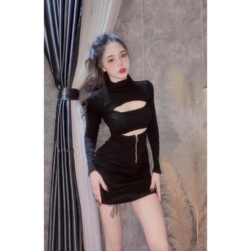 Đầm khoét eo cỏ lọ tay dài