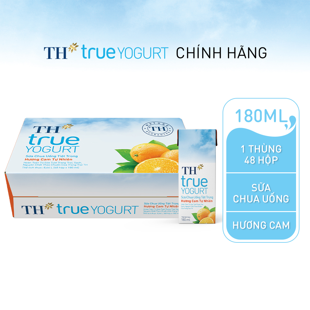 Thùng 48 hộp sữa chua uống tiệt trùng hương cam tự nhiên TH True Yogurt 180ml (180ml x 48)