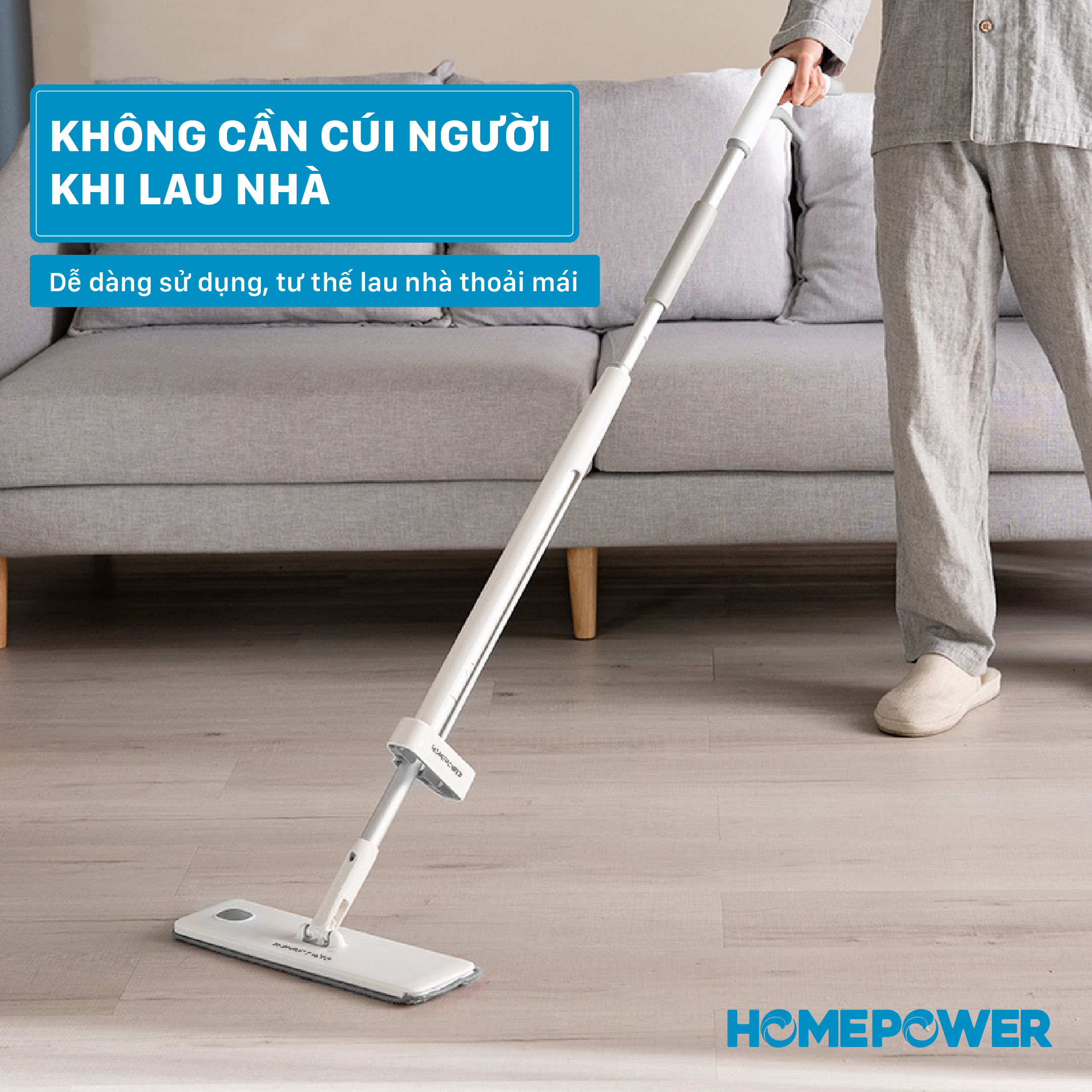 Cây lau nhà Phun nước + Tự vắt 2 trong 1 HOMEPOWER CS-02, Chất liệu nhôm cao cấp, thiết kế sang trọng hiện đại