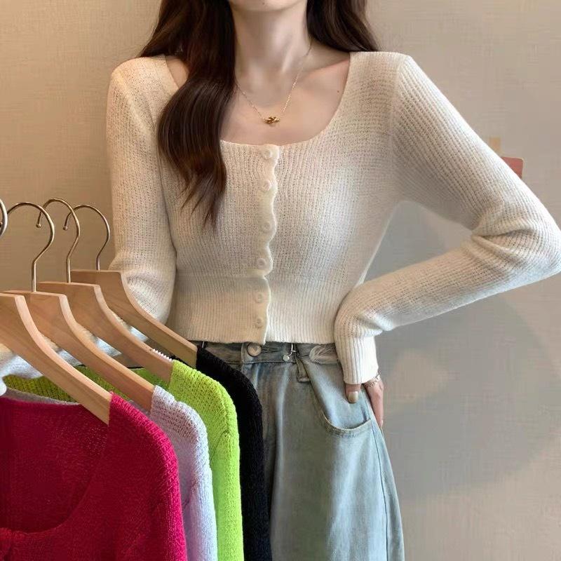 Áo len dài tay cổ vuông mặc 2 kiểu, áo khoác cardigan