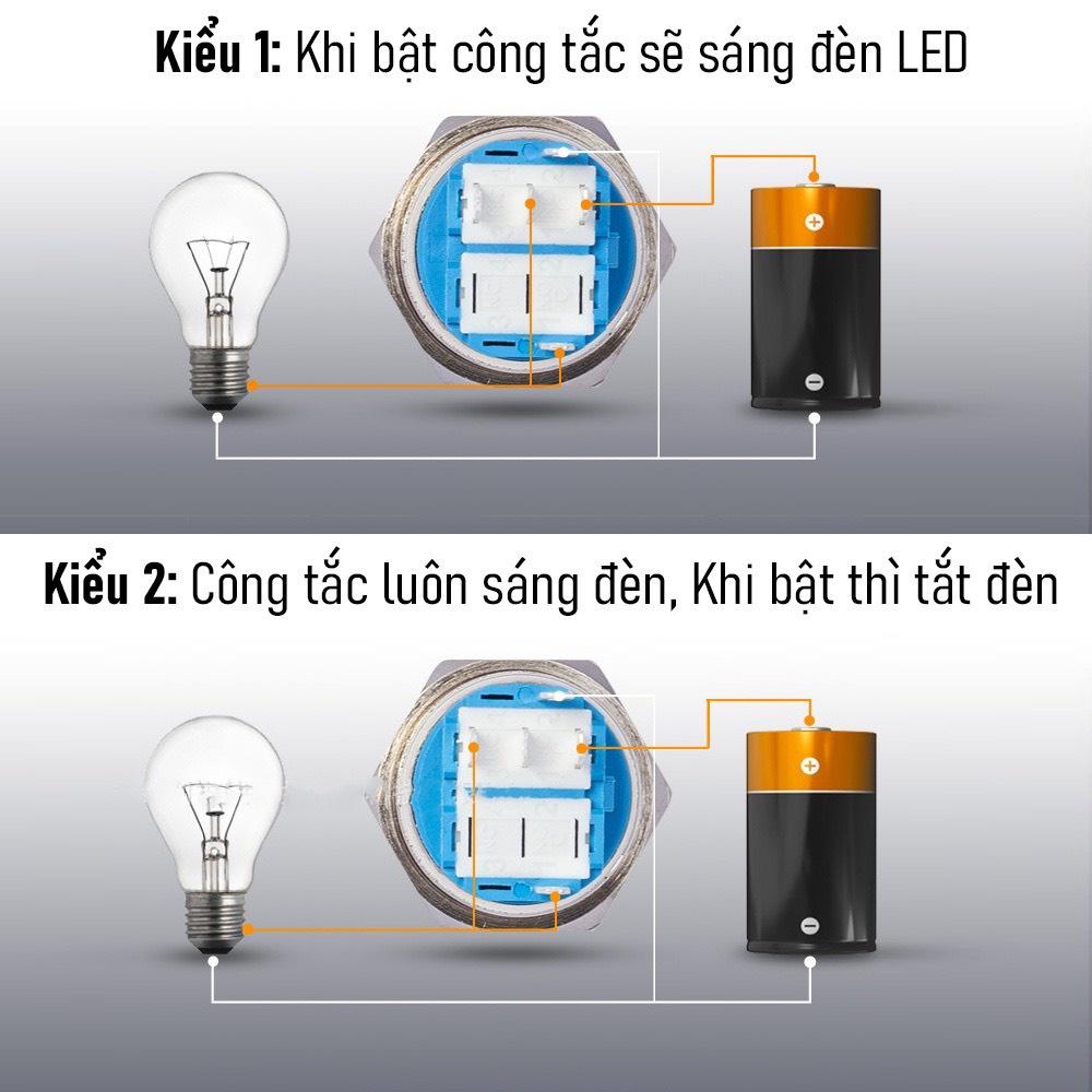 Nút công tắc INOX Nhấn nhả, Nhấn tự phục hồi 19mm Có đèn LED (3-6V, 12-24V, 110-220V)