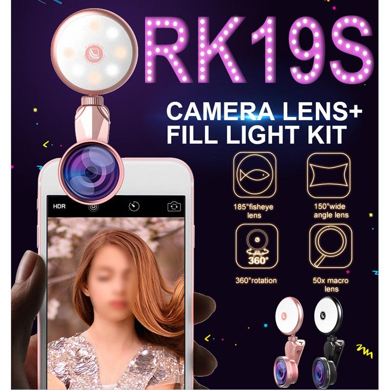 Ống lens RK19S hỗ trợ Selfie Cho điện thoại tích hợp đèn led 8 bóng -dc3082