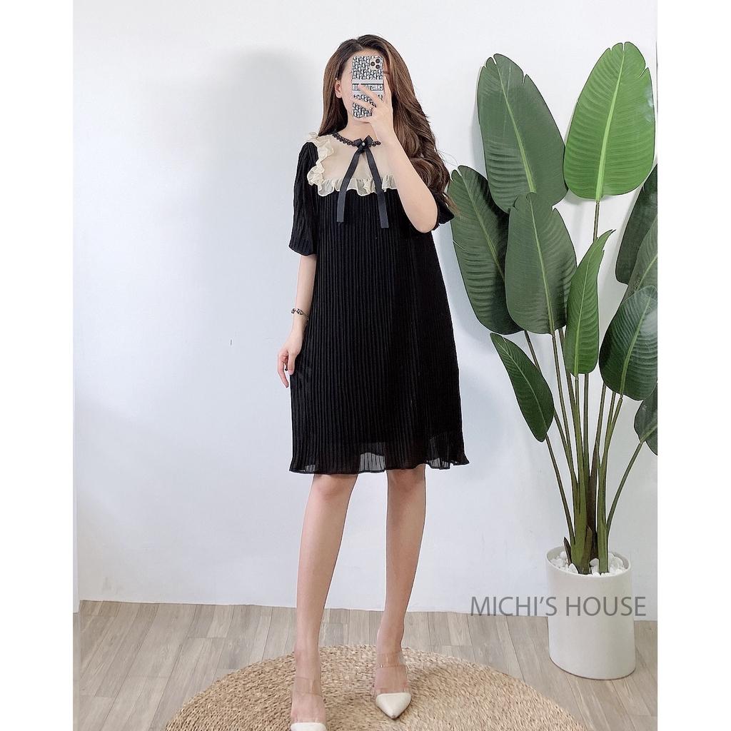 Váy suông xếp li phối cổ bèo đính nơ, dáng đầm xuông rộng freesize 2 màu, mã V938 - Michi's House