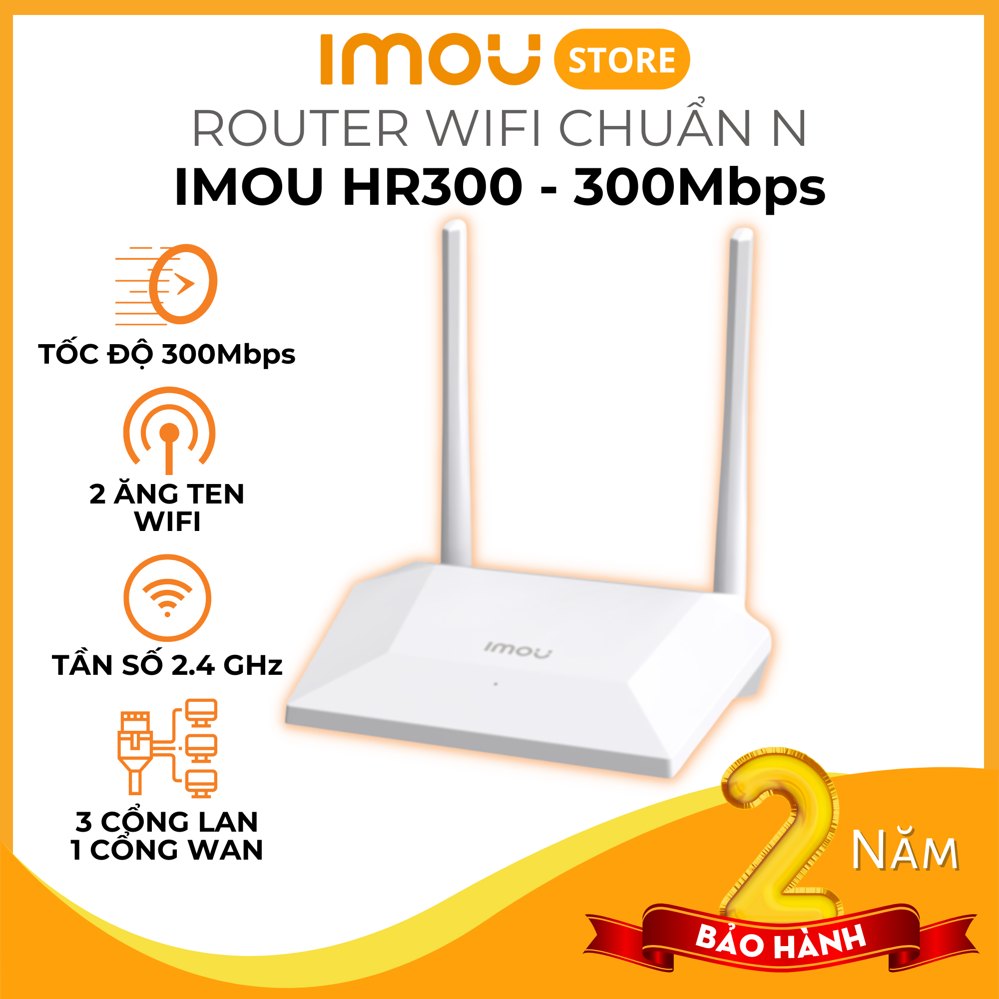 Router wifi Imou HR300 chuẩn N 300Mbps - Hỗ trợ 1 cổng WAN, 3 cổng LAN, tốc độ cao - Hàng chính hãng