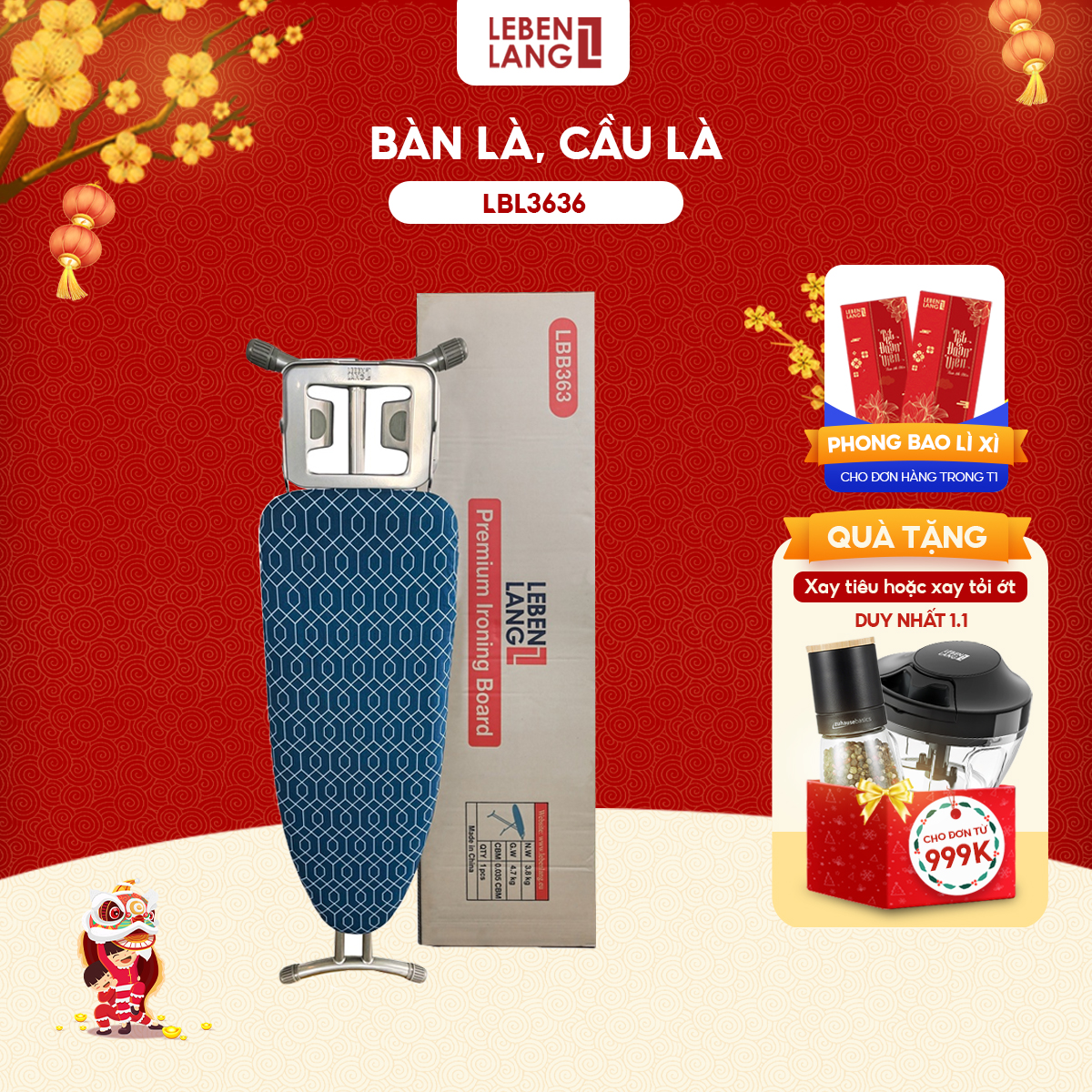 Bàn để ủi, cầu là quần áo dạng đứng khung bằng thép Lebenlang LBL3636 - hàng chính hãng