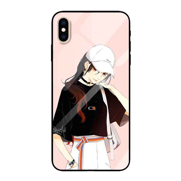 Ốp lưng kính cường lực cho iPhone Xs Max Nền Cô Gái Áo Đen Nón Trắng - Hàng Chính Hãng