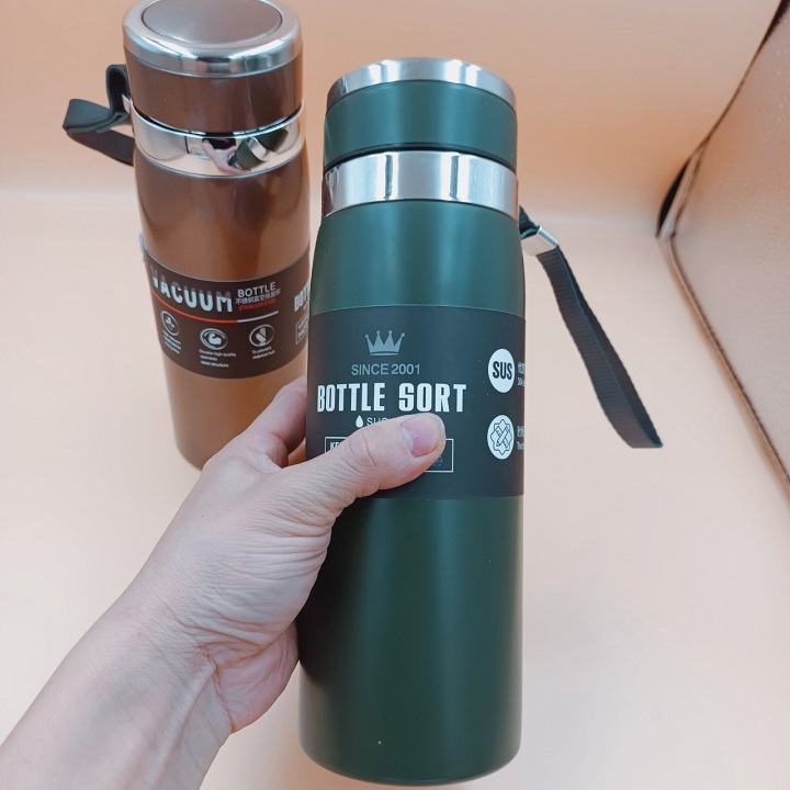 Bình Nước Giữ Nhiệt 2 Lớp Bottle sport Chất Liệu Inox Có Quai Xách Bằng Da Cao Cấp Hàng Chuẩn Loại 1 - Chính Hãng