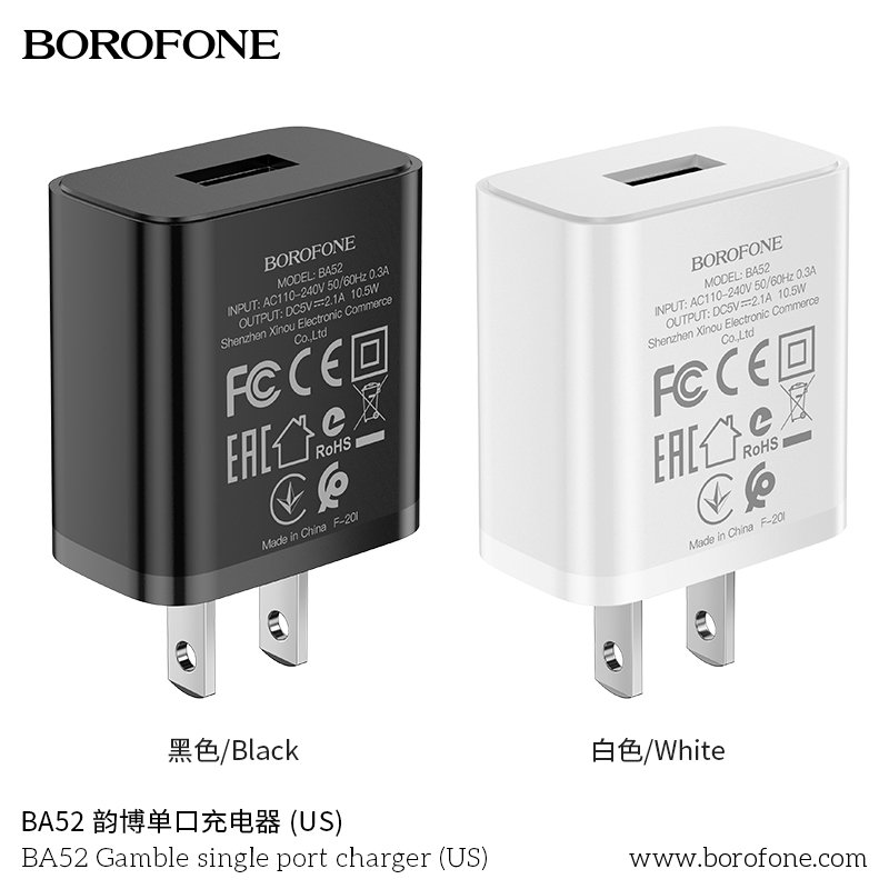 Cóc Sạc Borofone BA52 - 1 Cổng USB 2.1A chuẩn US- Hàng Nhập Khẩu