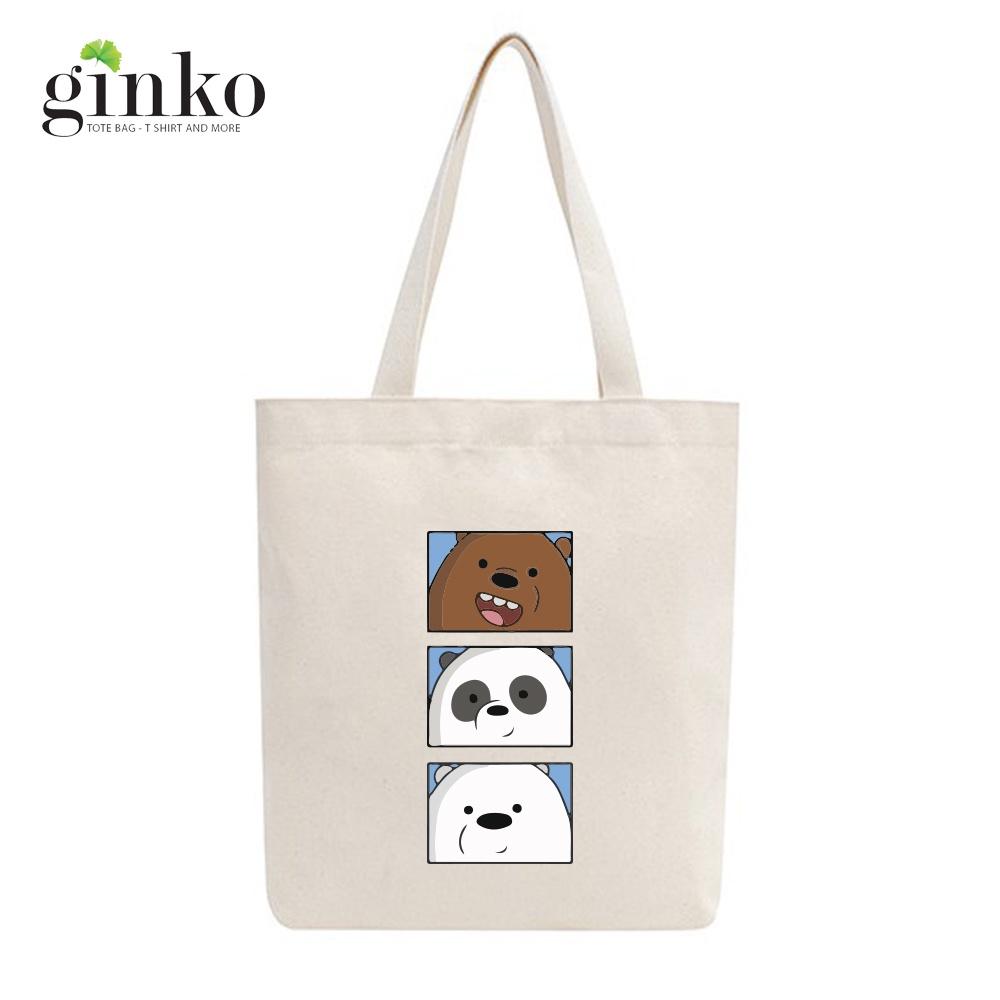 Túi tote vải mộc GINKO có dây kéo khóa miệng túi ( có túi con bên trong) in hình We Bare Bears M109