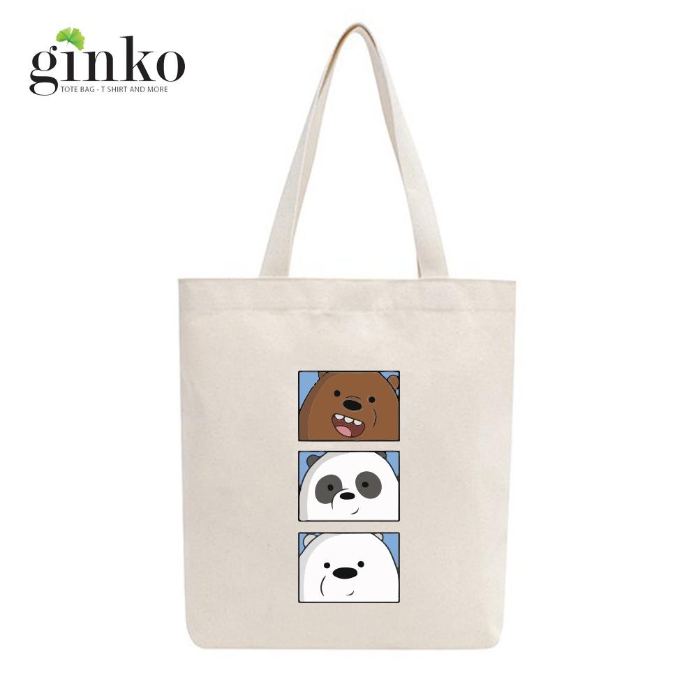 Túi tote vải mộc GINKO có dây kéo khóa miệng túi in hình We Bare Bears M109