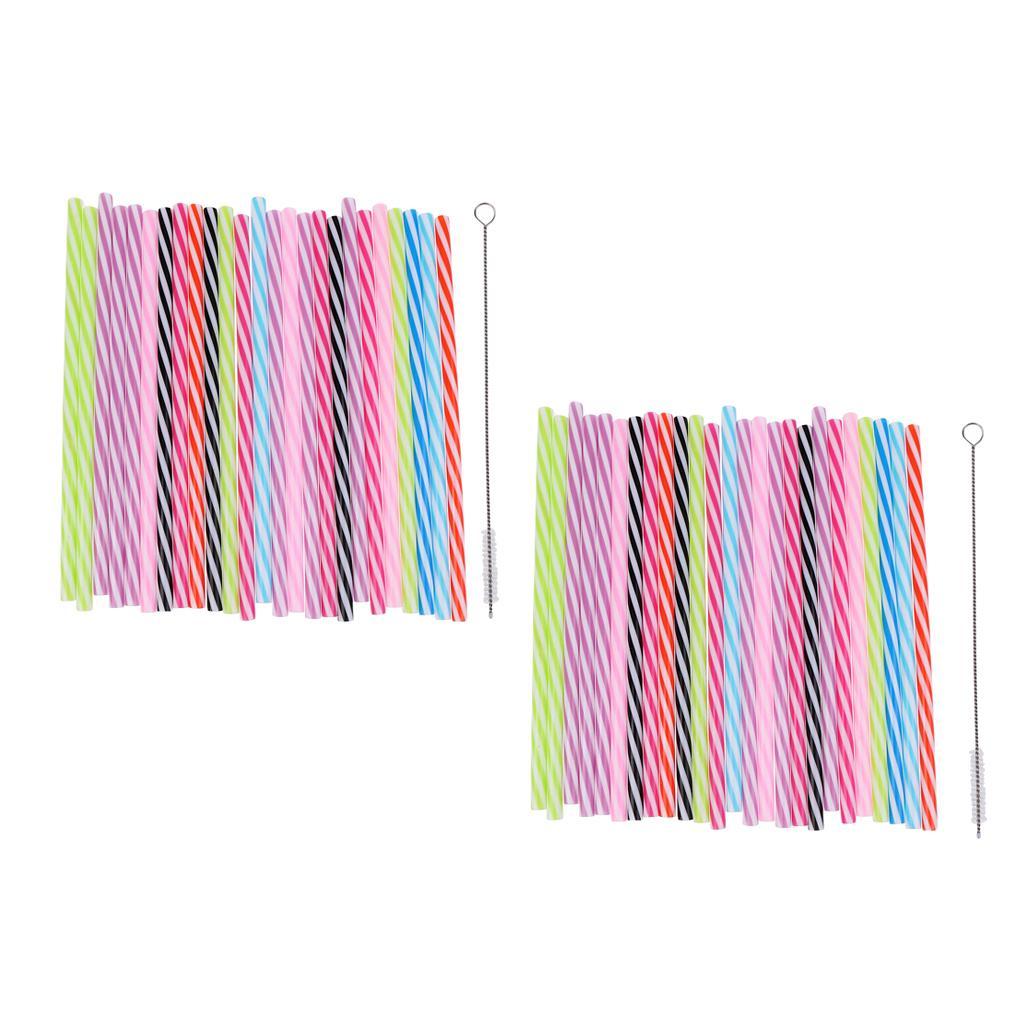 50PCS Reusable Hard Plastic Stripe Jar Straws + Brush Cocktail Drinking Bar