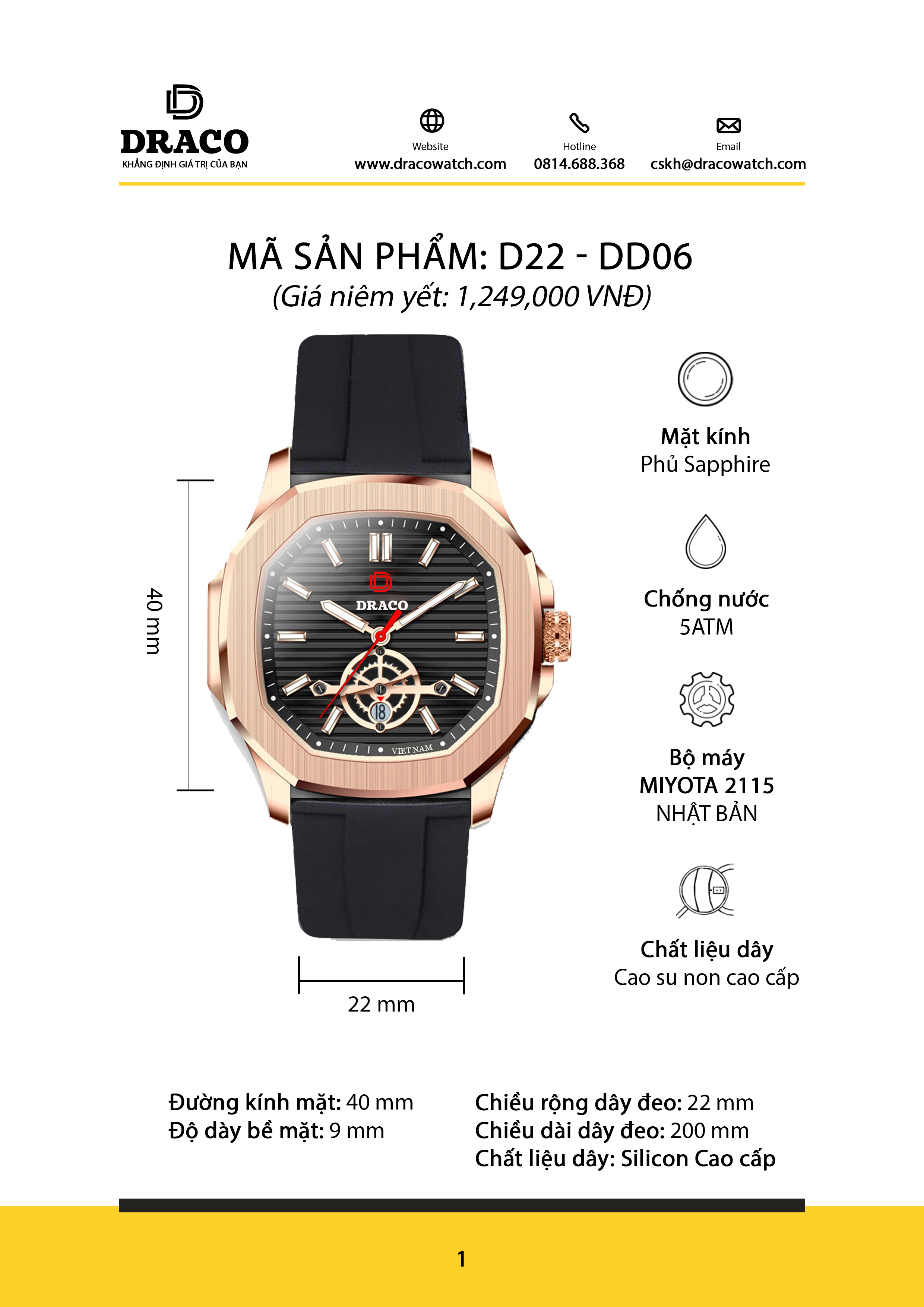 ĐỒNG HỒ NAM - THƯƠNG HIỆU VIỆT DRACO D22-DD06 - " Decision" VÀNG