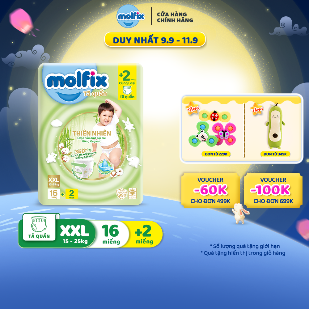 Tã/bỉm quần Molfix Thiên nhiên Regular XXL (15kg - 25kg) - Gói 16+2 miếng