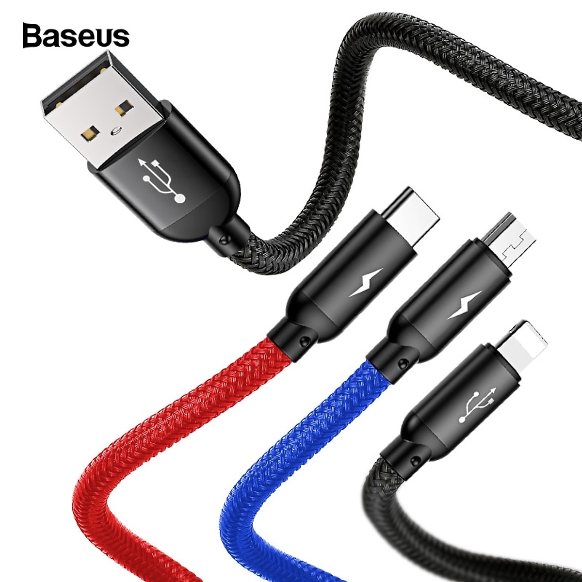 Cáp sạc nhanh Basues Three Primary Colors Basues - Cáp sạc 3 đầu tích hợp cổng TypeC, Micro, Lightning (3.5A max) - Hàng Chính Hãng