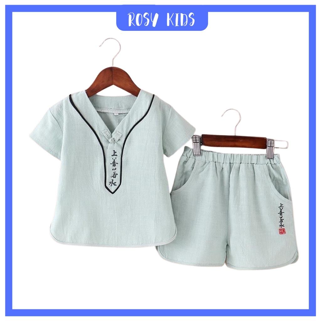 Bộ Cộc Tay Cổ V Cho Bé, Bộ Cộc Tay Có Chữ Chất Đũi Siêu Mềm Cho Bé Từ 6-27kg - Rosy Kids