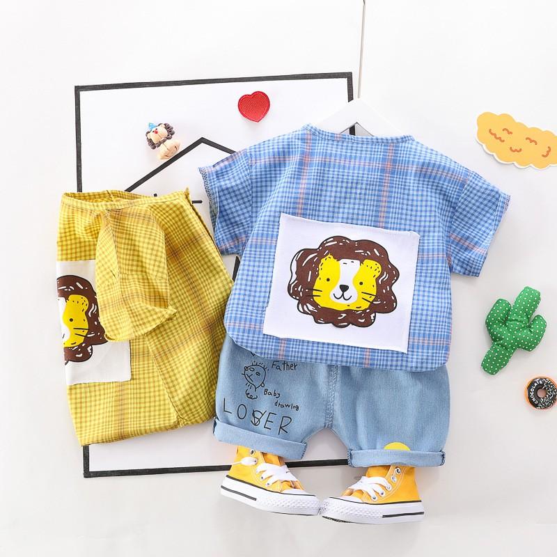 Set áo kẻ in hình sư tử con + quần đùi jean mặt cười hàng cho bé