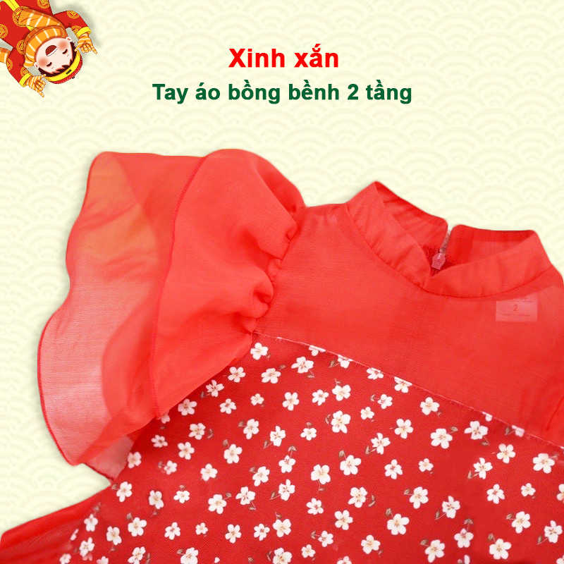 Áo dài bé gái 8-20kg chất tăm nhung cao cấp Baby-S, Áo dài cách tân cho bé họa tiết hoa nhí tay bồng xinh xắn – SAD007